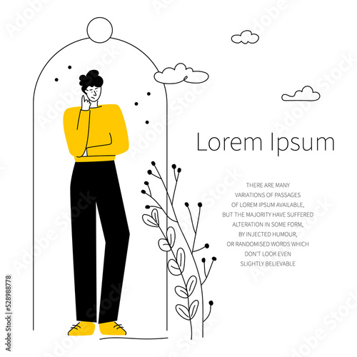 Web page with strange sociopath or introvert, antisocial persons in individual space, zone. He prefers to spend time alone. Vector illustration with  person avoid communication with people
