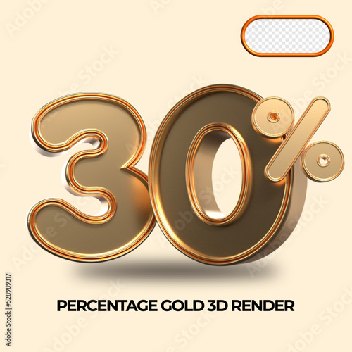 3D render 30% percentage number gold style for discount, sale discount, work progress, percent