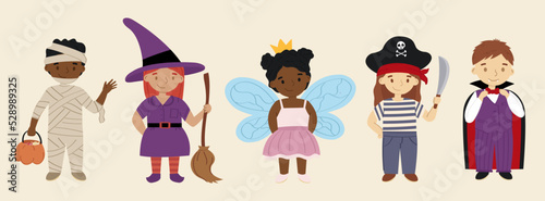 Cute set of multiracial children in masquerade costumes.