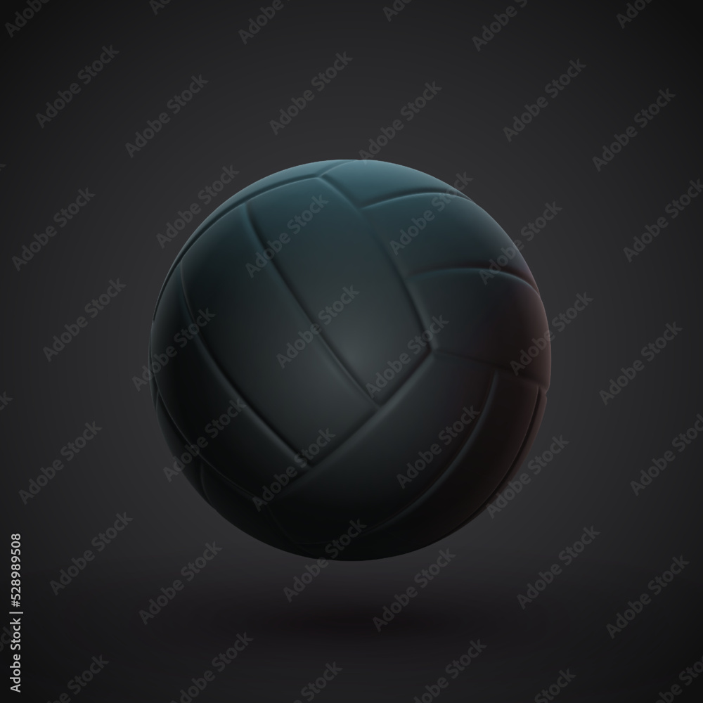Realistic 3D volleyball ball on dark background. Equipment for team game and sports training. Black leather ball for beach volleyball. Healthy lifestyle and sports activity EPS 10 vector illustration