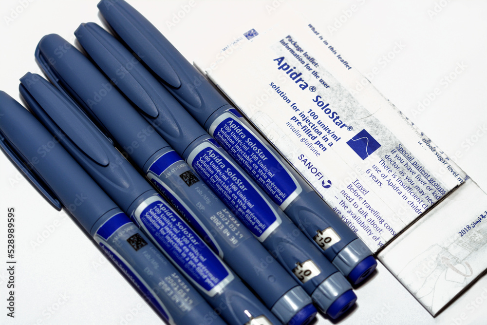 Cairo, Egypt, September 3 2022: Apidra Solostar solution pre-filled pen ...