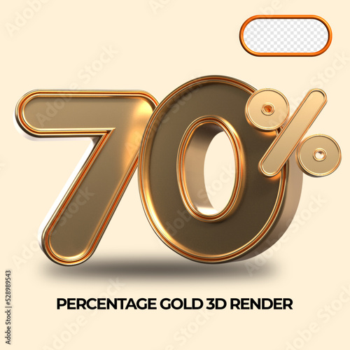 3D render 70% percentage number gold style for discount, sale discount, work progress, percent