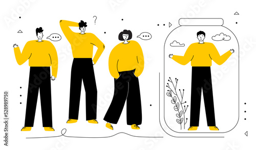 Group persons and introvert or sociopath. Antisocial persons in individual space, zone. He prefers to spend time alone. Vector illustration with strange person avoid communication with people.