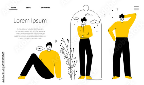 Landing page with group persons and sociopath or introvert, antisocial persons in individual space, zone. He prefers to spend time alone. Vector illustration with strange person avoid communication wi