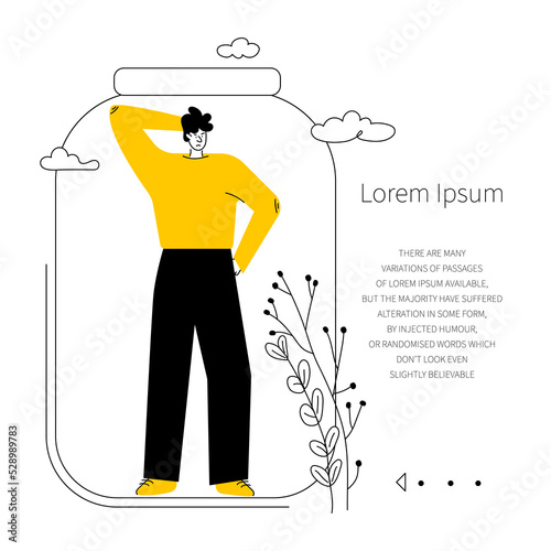 Web page with sociopath or introvert, antisocial persons in individual space, zone. He prefers to spend time alone. Vector illustration with  strange person avoid communication with people.
