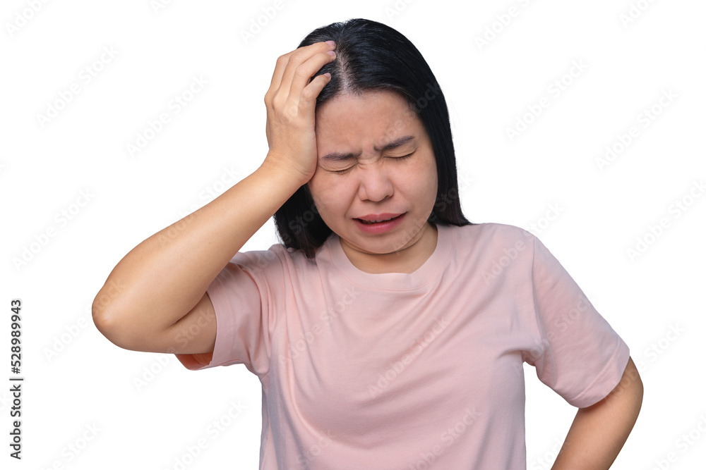 Asian women have severe headaches that can be caused by stress or anxiety, migraines, and chronic headaches. Close your eyes and touch your temples to relieve pain. isolated on a white background Asian women have severe headaches that can be caused by stress or anxiety, migraines, and chronic headaches. Close your eyes and touch your temples to relieve pain. isolated on a white background