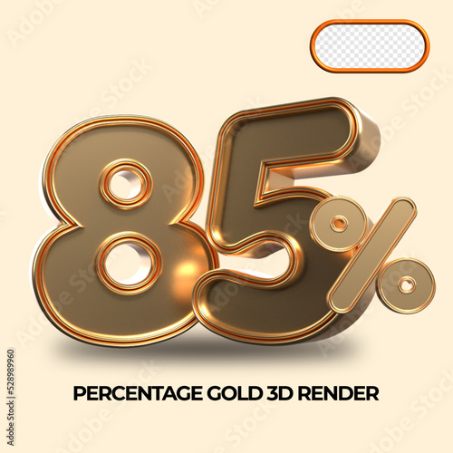 3D render 85% percentage number gold style for discount, sale discount, work progress, percent