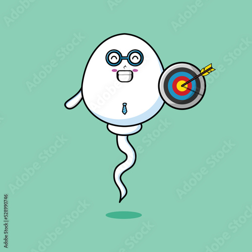 Cute cartoon sperm businessman holding target and arrow with happy expression in flat modern style
