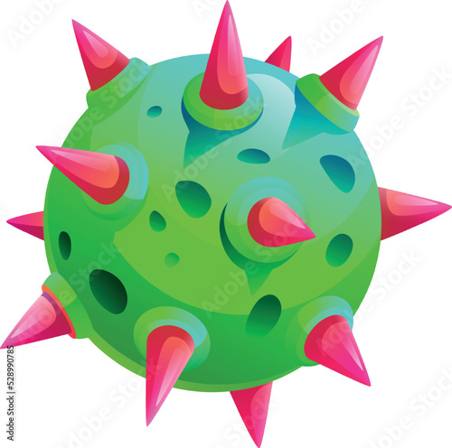 Green planet with red thorns. Space cartoon asteroid