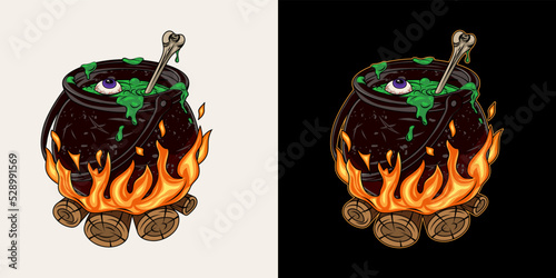 Witch cauldron with bubbling green liquid, brew with violet eye, bone. Magic potion, symbol of witchcraft. Cast iron boiling cauldron on burning logs. Traditional halloween element in vintage style