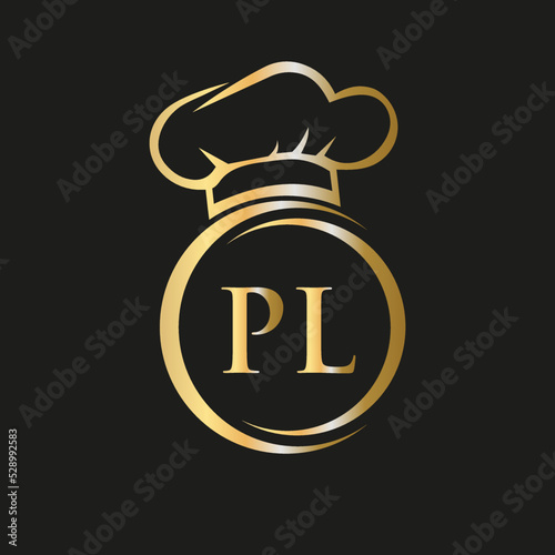Initial Letter PL Restaurant Logo Template. Restaurant Logo Concept with Chef Hat Symbol Vector Sign