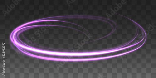 Abstract light lines of movement and speed with purple flare sparkles. Shine swirl magic line trail. Glowing violet circle, semicircular wave. Glow neon ring trace. Glittering shimmer spiral. Vector