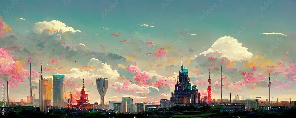 Landscape of a futuristic city in anime style illustration. Generative ...