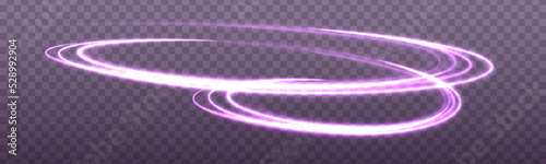 Abstract light lines of movement and speed with purple flare sparkles. Shine swirl magic line trail. Glowing violet circle, semicircular wave. Glow neon ring trace. Glittering shimmer spiral. Vector