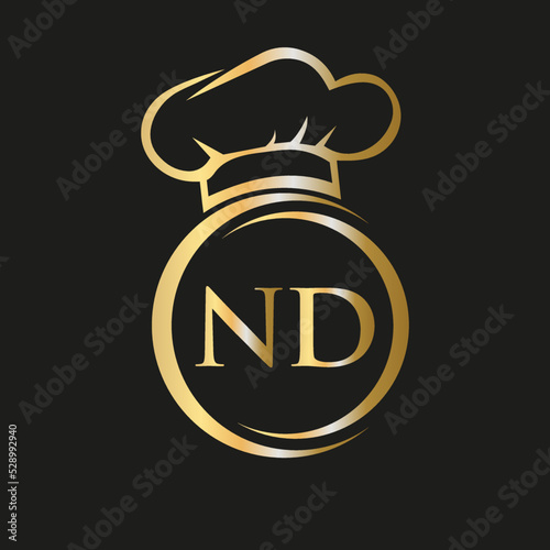 Initial Letter ND Restaurant Logo Template. Restaurant Logo Concept with Chef Hat Symbol Vector Sign