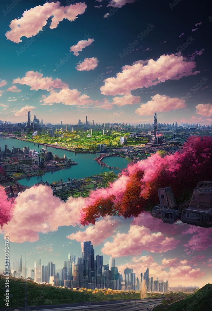 Landscape of a futuristic city in anime style illustration. Generative ...