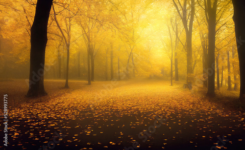 Misty autumn park alley perspective with yellow trees and golden fog  landscape with magical atmosphere. Generative AI illustration