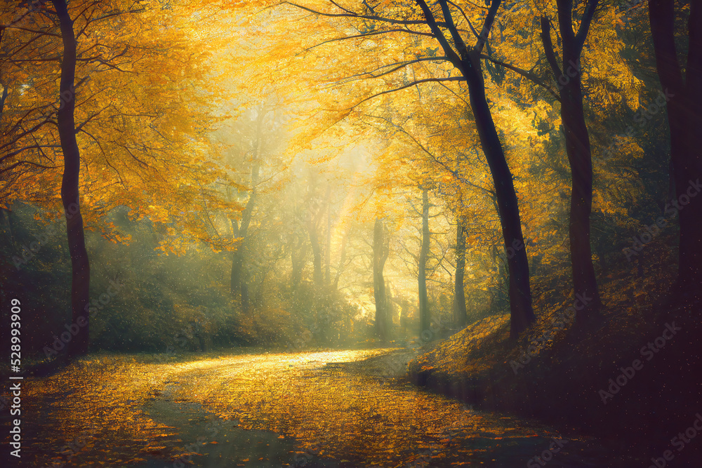 Alley turn in autumn park with yellow trees and sun rays, beautiful landscape. Generative AI illustration