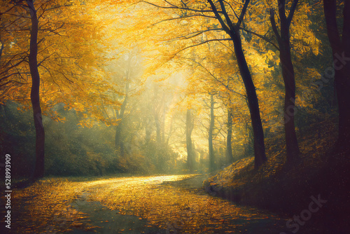 Alley turn in autumn park with yellow trees and sun rays, beautiful landscape. Generative AI illustration © ChaoticDesignStudio
