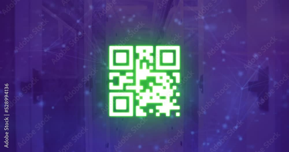 Animation of qr code and network of connections over server room Animation of qr code and network of connections over server room
