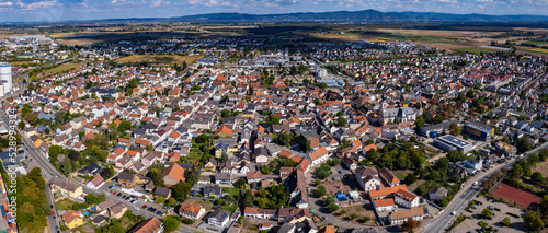 Aerial view of the city Gernsheim in Germany on a sunny day in summer.
