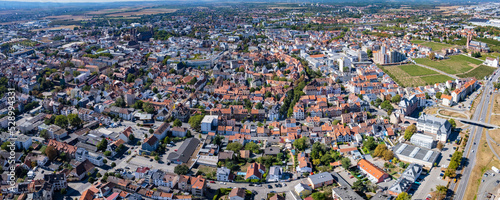 Aerial view of the city Worms in Germany on a sunny day in summer.
