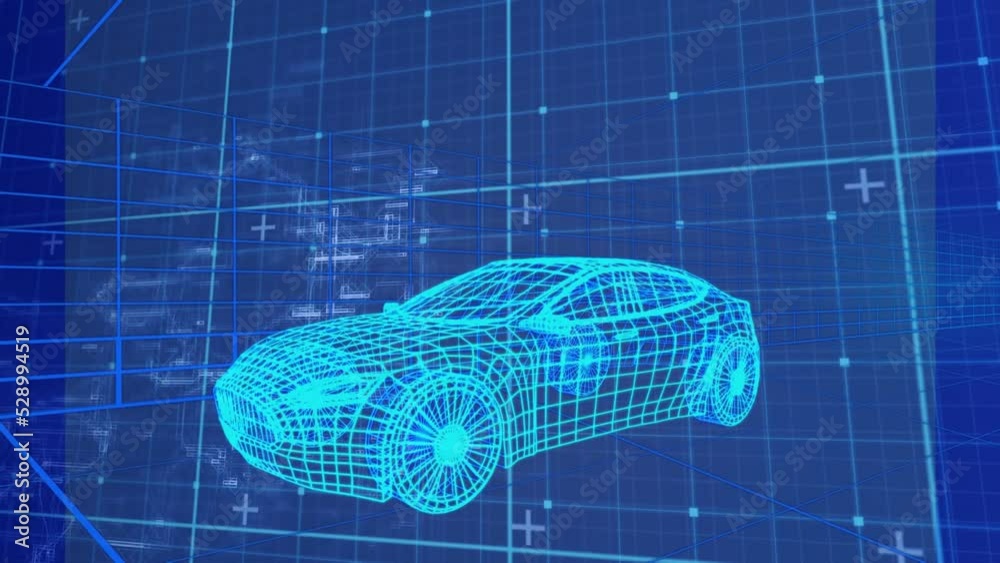Animation of digital car model over shapes and lines on blue background Animation of digital car model over shapes and lines on blue background