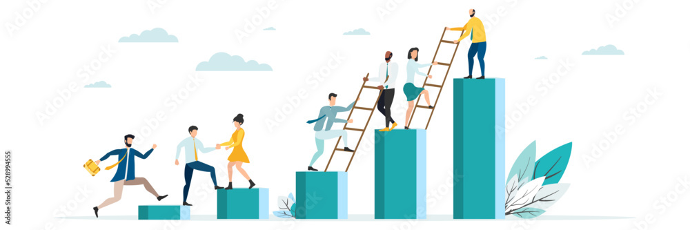 business mentor helps improve, holding stairs steps, mentorship, upskills, climb help, self development strategy flat. - obrazy, fototapety, plakaty 
