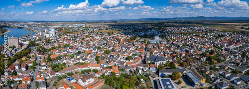 Aerial panorama view around the city Gernsheim in Germany on a sunny day in summer.