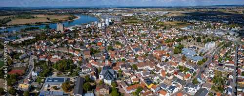 Aerial panorama view around the city Gernsheim in Germany on a sunny day in summer.