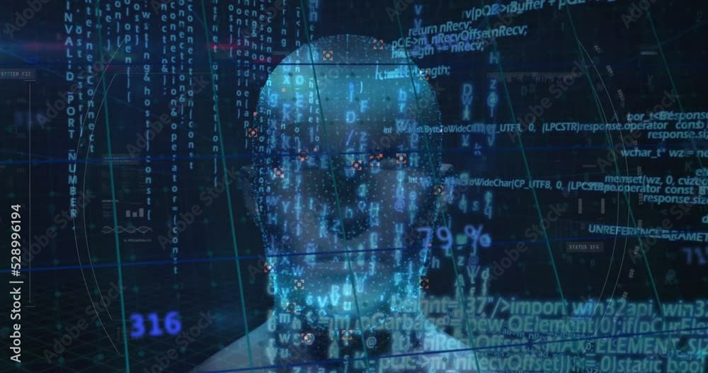 Animation of data processing over digital human face on black background Animation of data processing over digital human face on black background