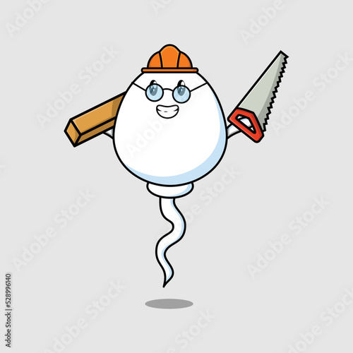 Cute cartoon sperm as carpenter character with saw and wood in flat modern style design