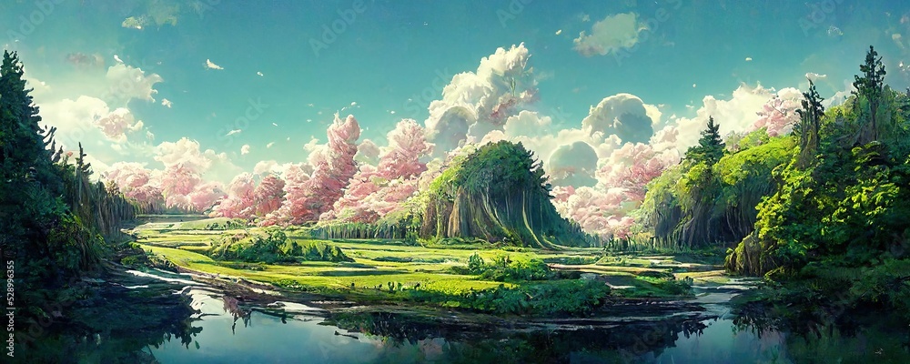 Fototapeta premium Natural landscape in anime style illustration. Generative AI