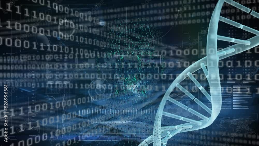 Animation of dna strand over data processing and binary coding Animation of dna strand over data processing and binary coding