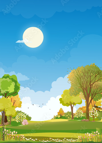 Spring green fields landscape with blue sky and clouds background,Vector Peaceful rural nature in springtime with grass land in morning. Vertical Cartoon for spring and summer banner