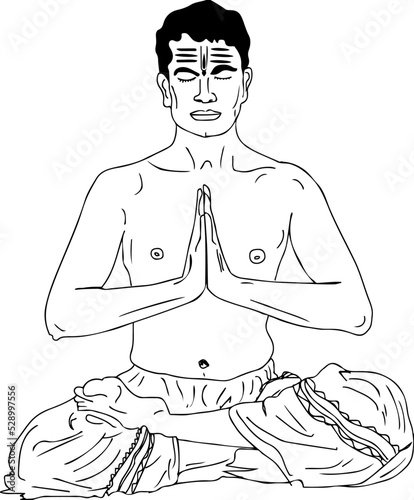 Outline sketch drawing of Hindu Guru Pandit doing namaste yoga pose, Indian man doing yoga cartoon doodle drawing, line art vector silhouette of pandit ji doing yoga pose