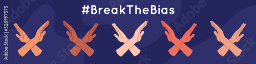 Break the bias banner. Crossed arms to support gender equality. International women's day concept poster. Flat vector illustration isolated on white background