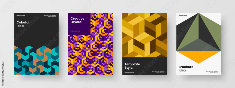 Abstract corporate brochure A4 design vector layout collection. Original geometric pattern postcard concept set.