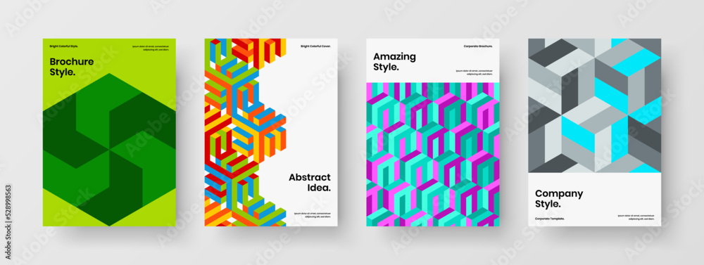 Premium geometric tiles corporate brochure illustration composition. Vivid flyer A4 vector design layout set.