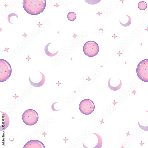 Crystal ball, Halfmoon and Stars. Vector Halloween seamless patterns collection in purple, pink and white gradient. Best for textile, print, wrapping paper, and festive decoration.  photo