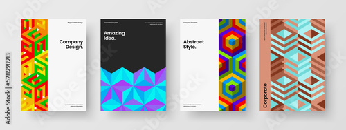 Minimalistic company brochure A4 vector design concept bundle. Modern geometric tiles presentation layout collection.