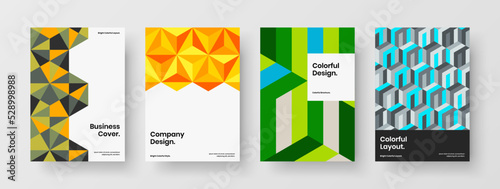 Colorful geometric tiles handbill template composition. Clean pamphlet A4 design vector concept bundle.