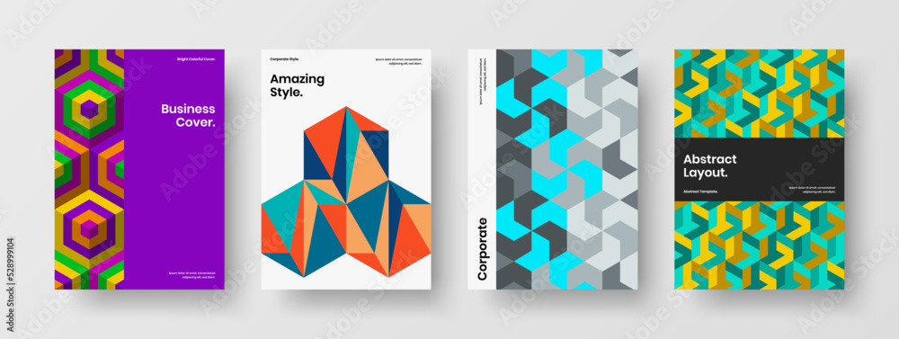 Fresh mosaic hexagons annual report illustration set. Original company cover A4 vector design template collection. Fresh mosaic hexagons annual report illustration set. Original company cover A4 vector design template collection.