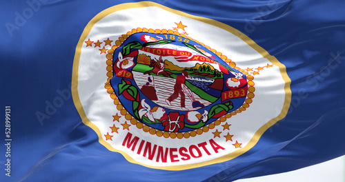 Close-up view of the Minnesota state flag waving
