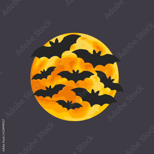 Dark Halloween Moon with bats. Full moon on sky. Vector illustration