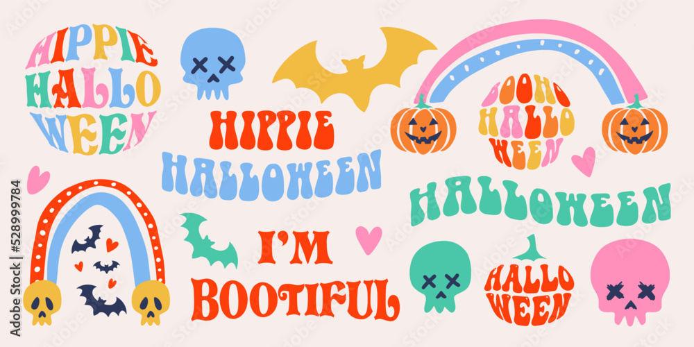 Collection for Halloween party. Big vector set in hippie style. Symbol of rainbow, scull, bat, typography phrases. Print for graphic tee, sticker pack, card, decoration. Nostalgia for 1960s - 1970s.