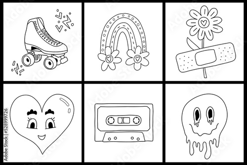 Set of aesthetic illustrations. Line art, coloring pages, sticker pack. Heart, daisy with patch, rainbow, roller skates, psychadelic face, tape. Collection of comic elements. 1990s girly style.