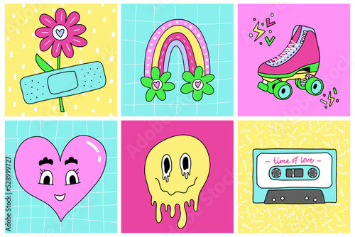 Set of aesthetic illustrations. Cartoon square posters, sticker pack. Heart, daisy with patch, rainbow, roller skates, psychadelic face, tape. Collection of comic elements. 1990s girly style.