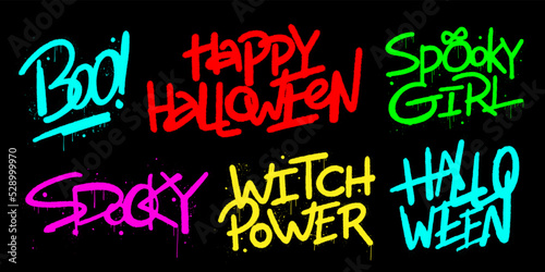 Collection for Happy Halloween. Spooky girl, witch power, boo. Urban street graffiti style. Neon colors. Print for graphic tee, card, decoration. Concept for party, holiday. Nostalgia for 1980s -1990s photo