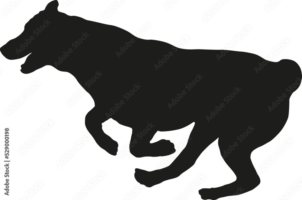 Black dog silhouette. Running and jumping central asian shepherd dog puppy. Alabai or aziat. Pet animals. Isolated on a white background.